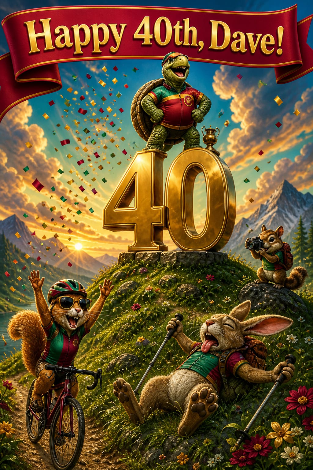 Funny 40th birthday card, a gold 40 on a hilltop with a tortoise on top and a collapsed hare hiker, under Happy 40th, Dave!
