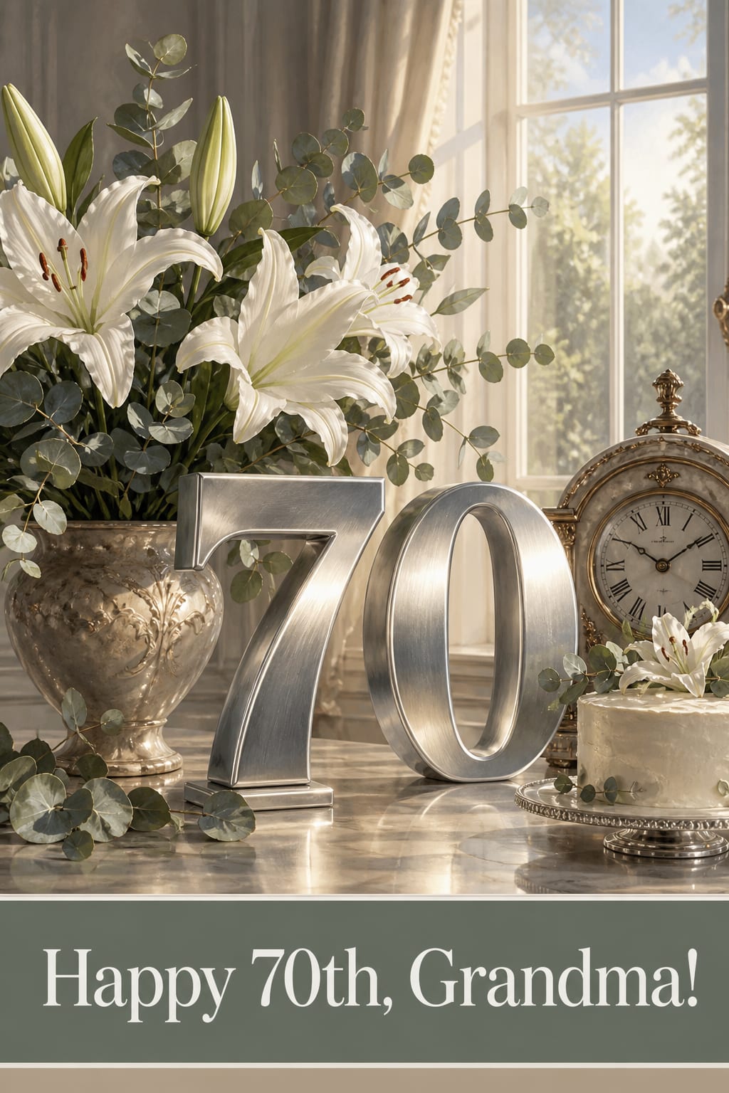70th birthday card, a brushed platinum 70 beside white lilies, eucalyptus and a vintage mantel clock, under Happy 70th, Grandma!