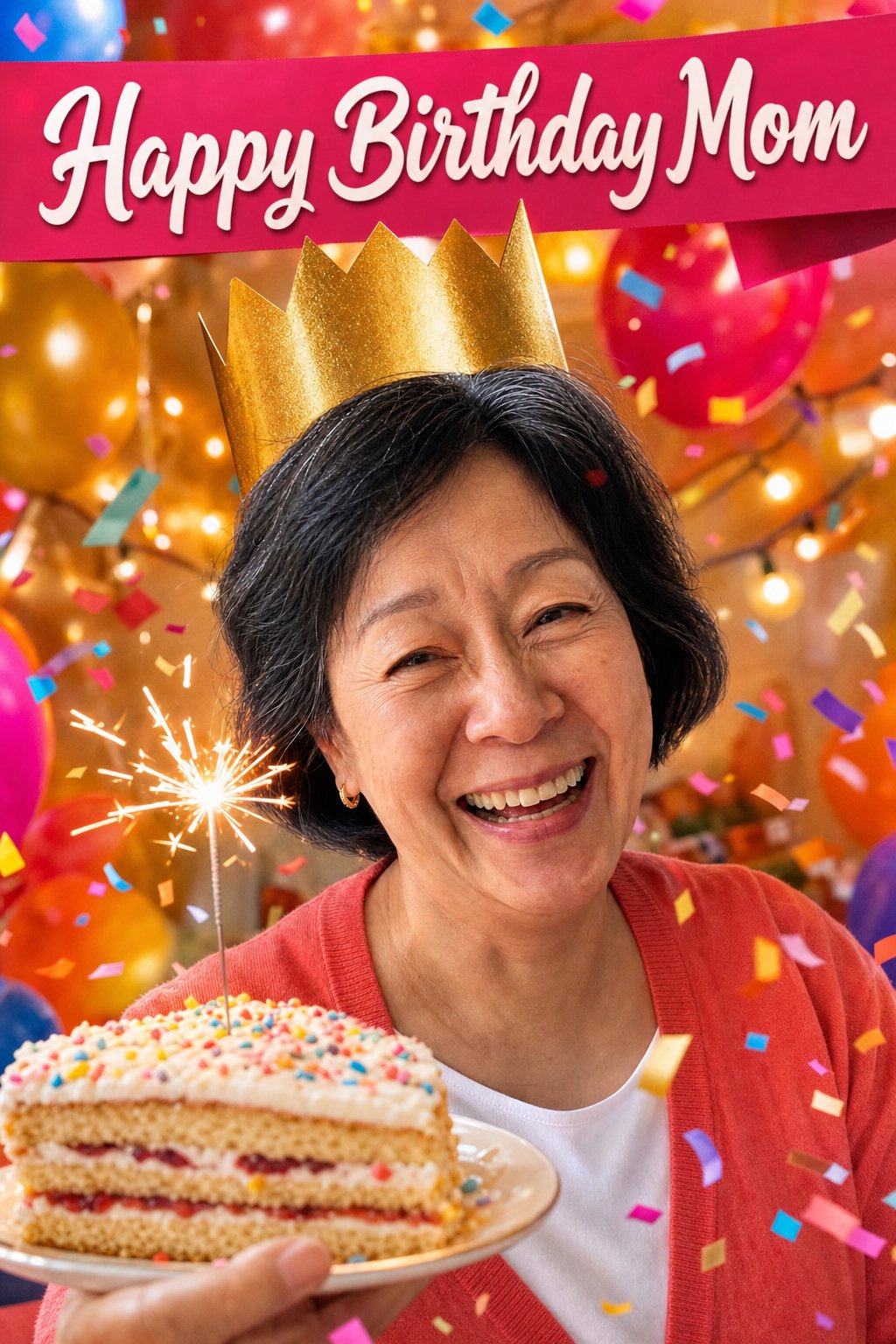 Birthday card from her photo, mom laughing in a gold party crown with a sparkler cake slice, Happy Birthday Mom