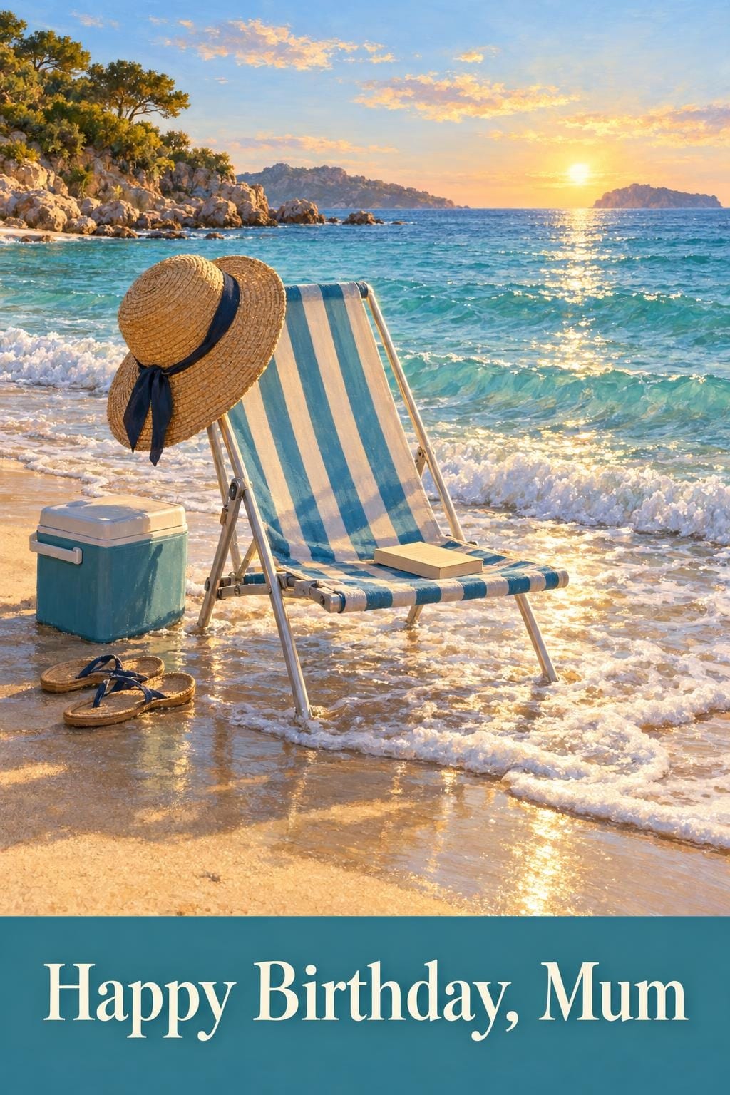 Birthday card of an empty striped beach chair at the waterline with a straw hat and a paperback, Happy Birthday, Mum