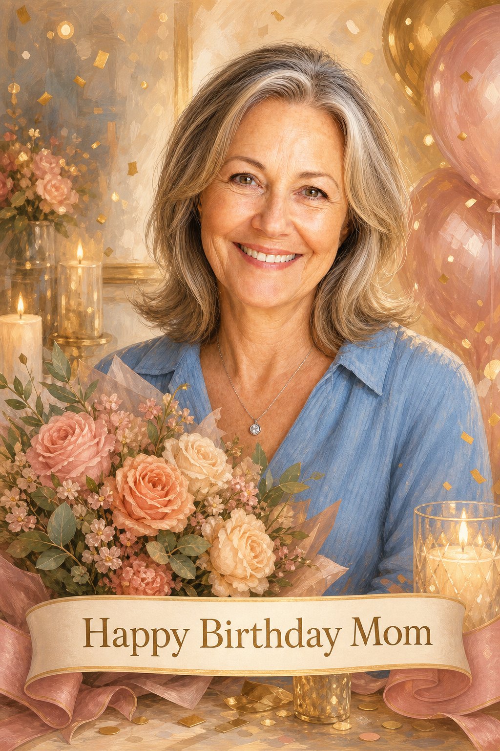 An elegant, celebratory AI birthday card for mom keeping her likeness
