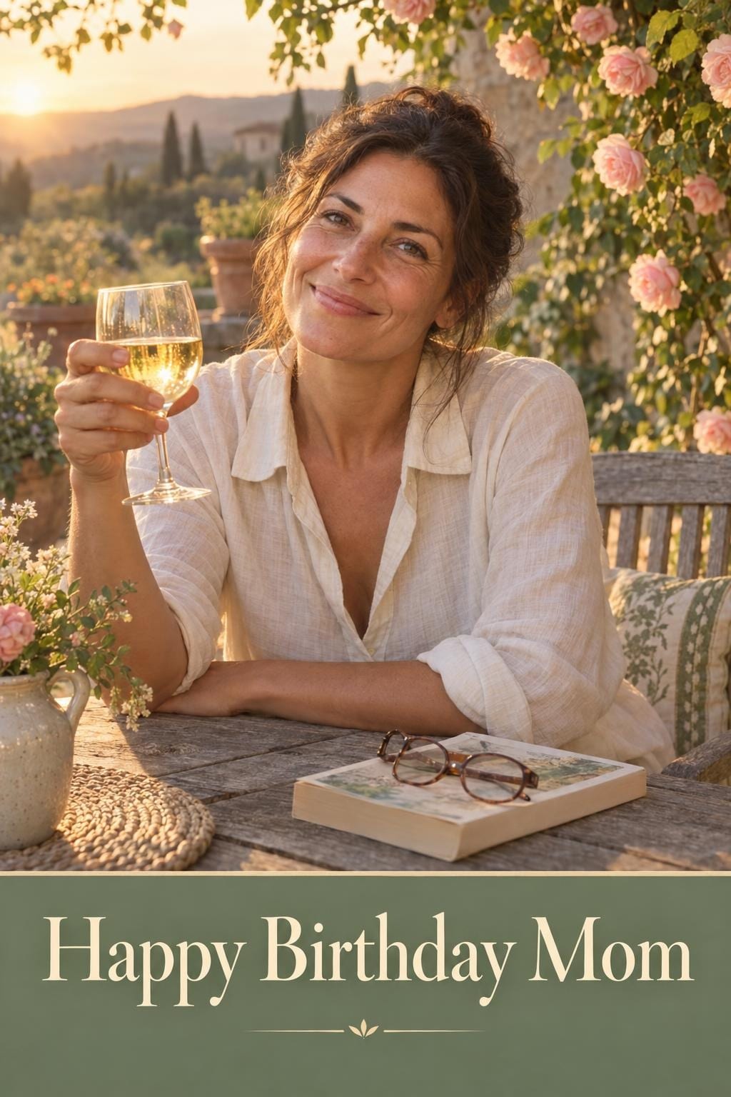 Birthday card of a woman raising a glass of wine at a rose-covered garden table at golden hour, Happy Birthday Mom