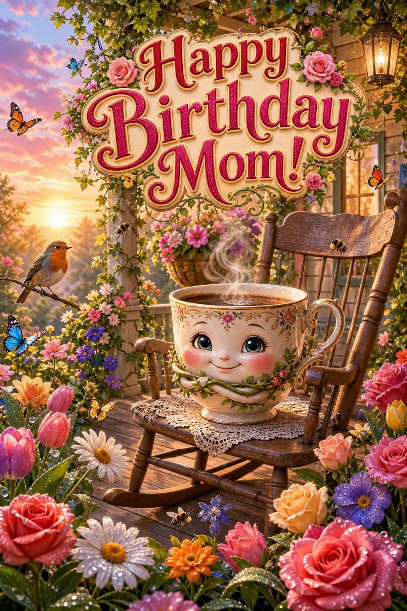Birthday card for mom, a smiling teacup on a rocking chair on a flower-covered porch at sunset