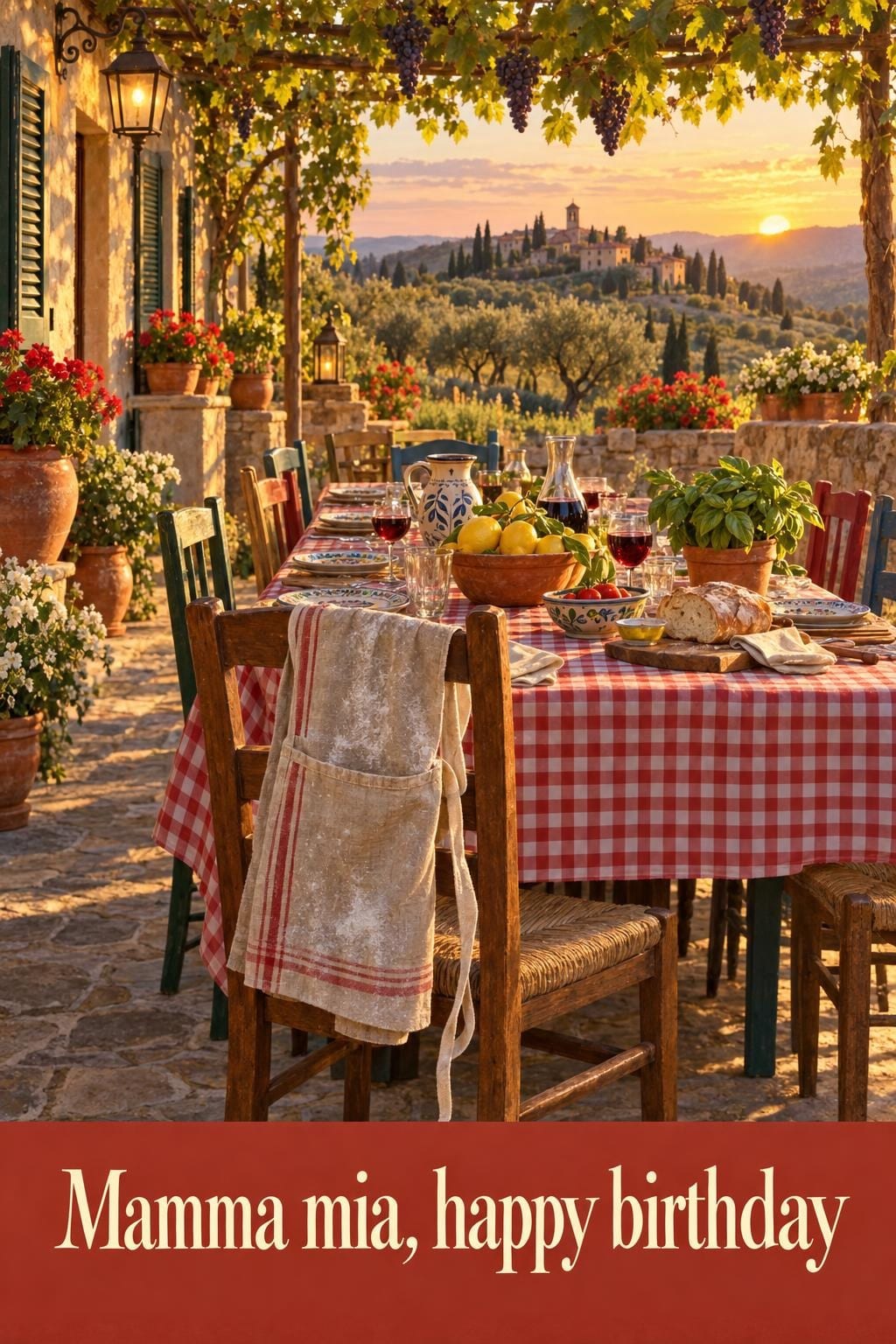 Birthday card of a long Italian table under a pergola at sunset, an apron on the empty chair, Mamma mia, happy birthday