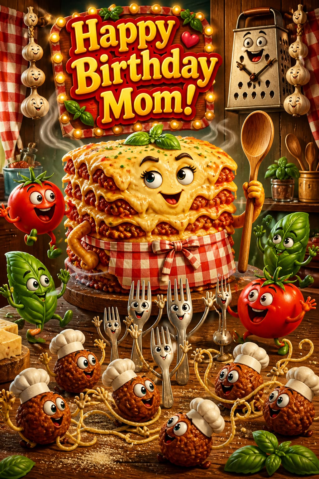 Funny birthday card of a smiling lasagna in an apron, cheered by meatball chefs and dancing forks, under Happy Birthday Mom