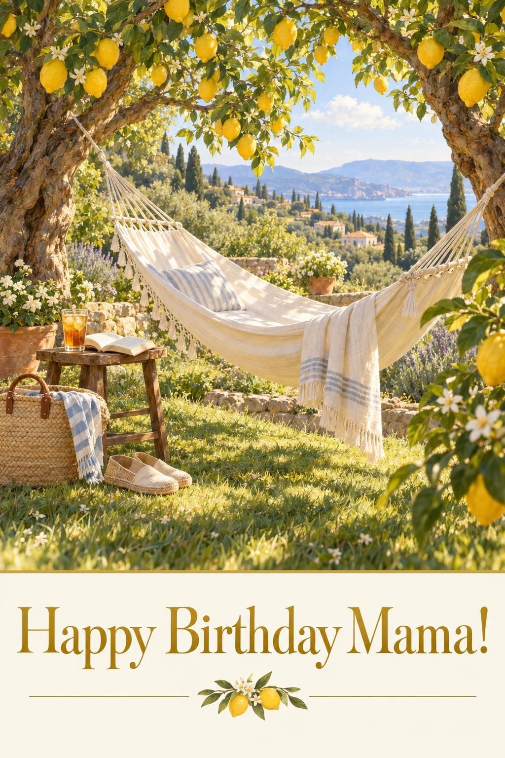 Birthday card of an empty white hammock between lemon trees above a sunlit bay, Happy Birthday Mama