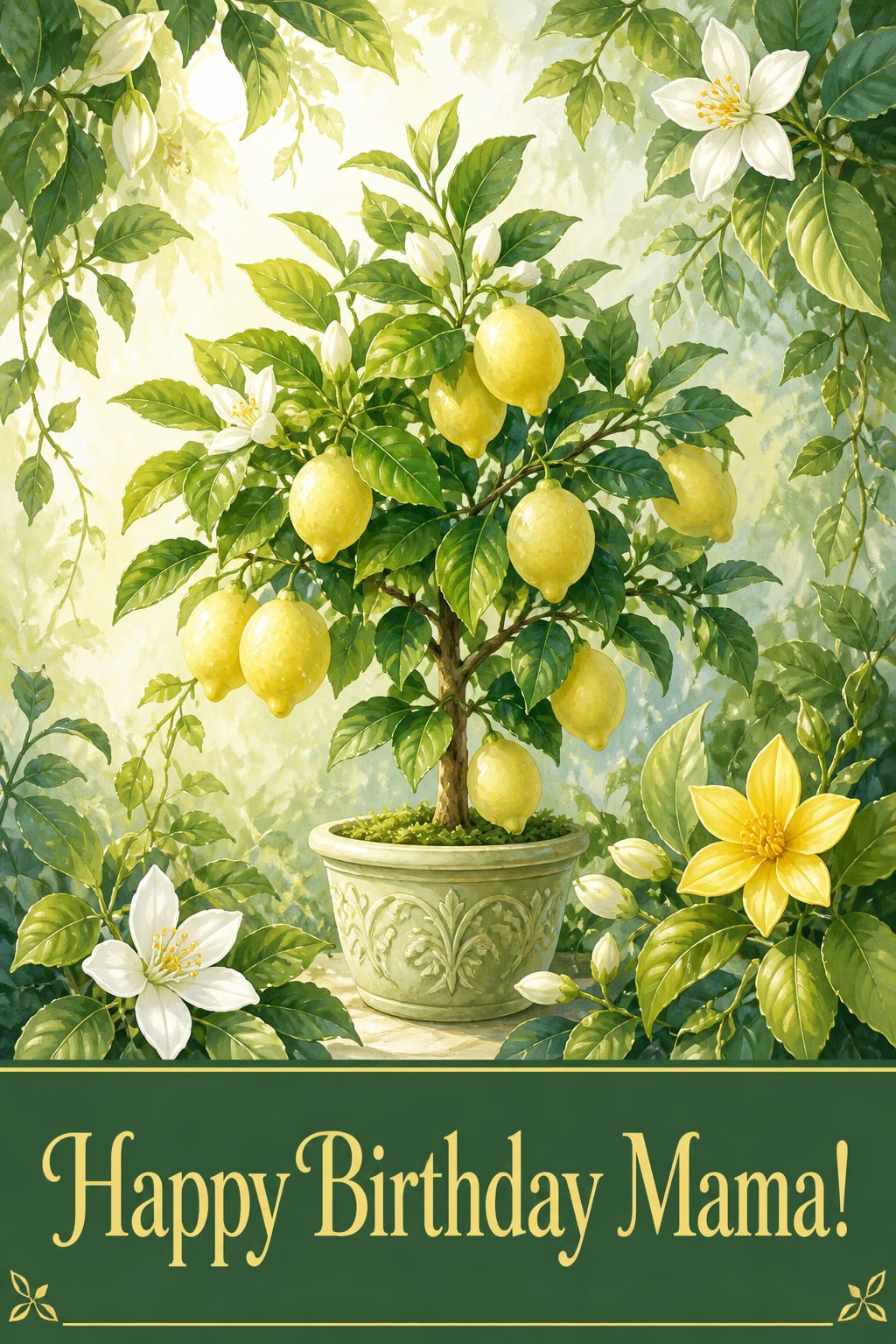 Birthday card of a watercolor potted lemon tree heavy with fruit and white blossoms, under Happy Birthday Mama