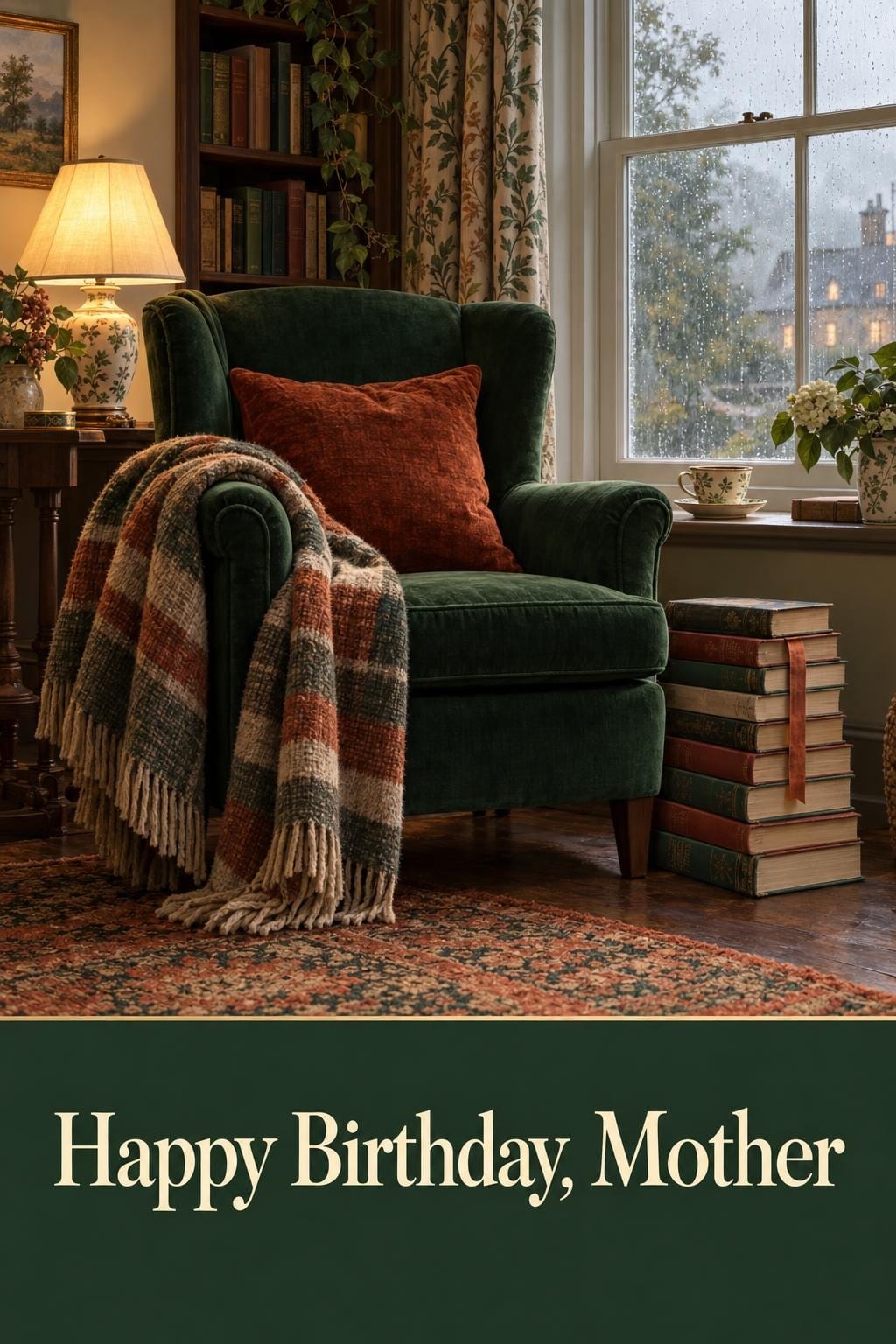Birthday card of a velvet armchair by a rainy window, novels stacked, tea on the sill, Happy Birthday, Mother