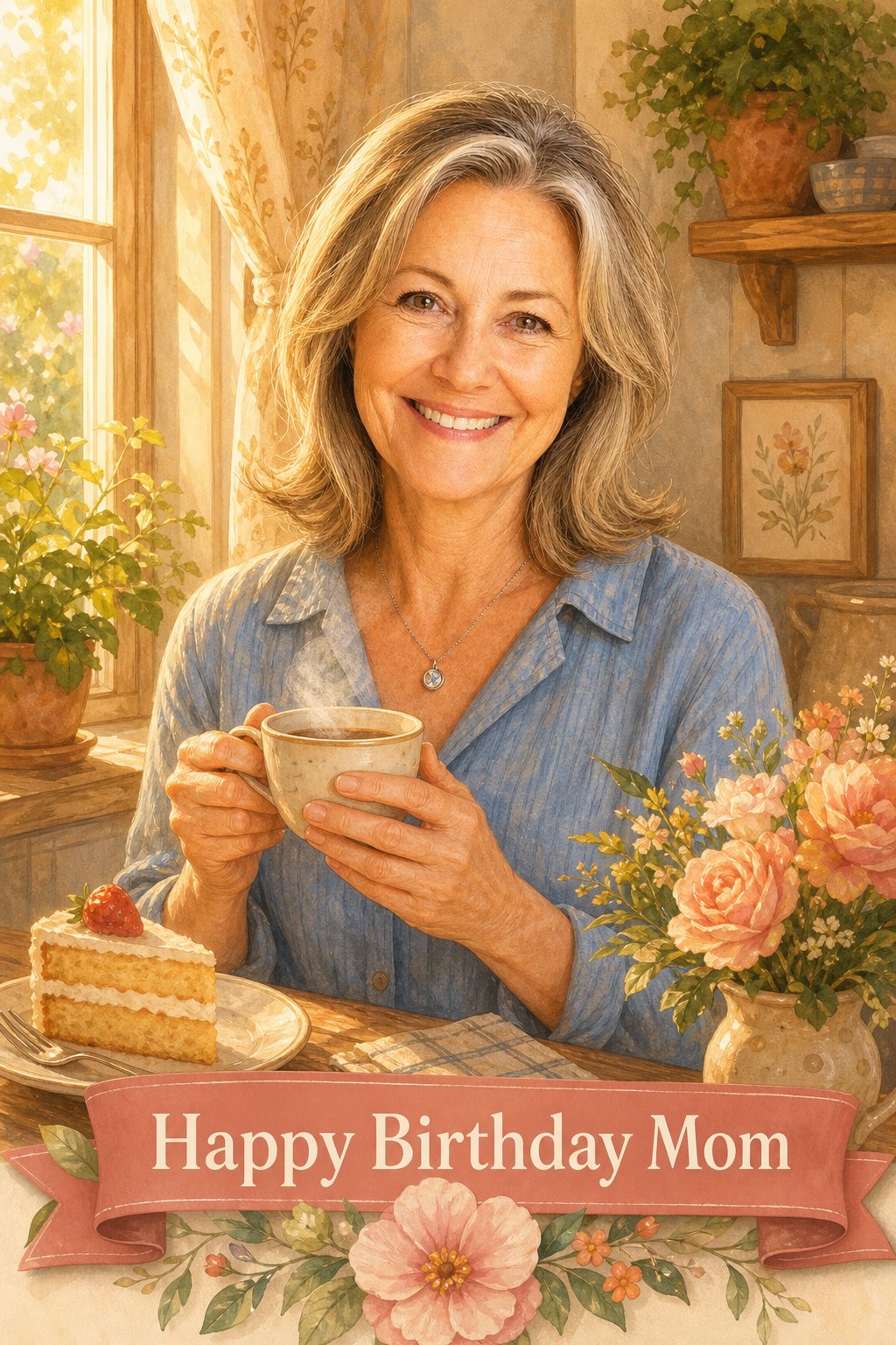 A warm, cozy AI birthday card for mom having tea, built around a photo of her
