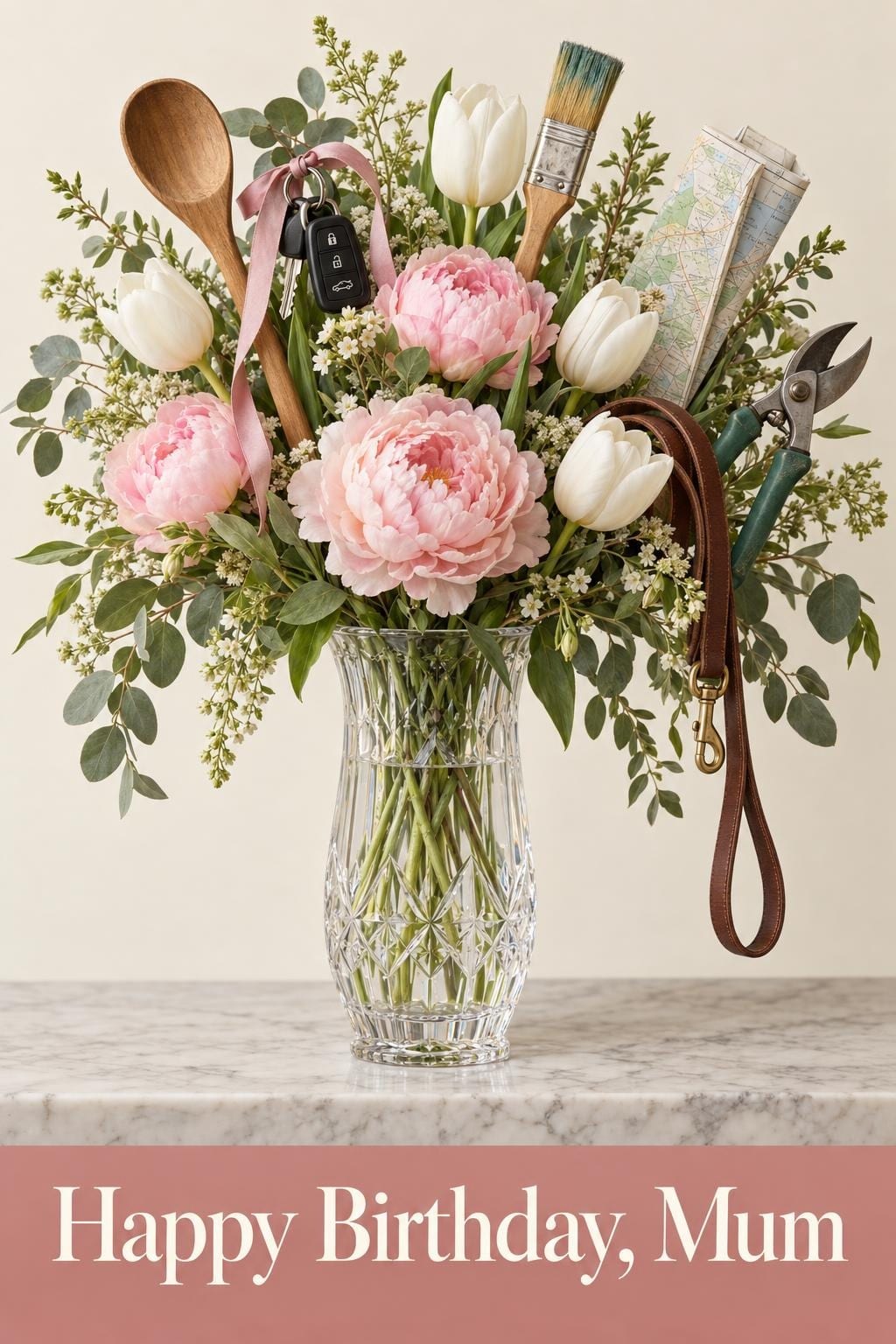 Birthday card of a vase of peonies and tulips with a wooden spoon, car keys and a dog leash as stems, Happy Birthday, Mum