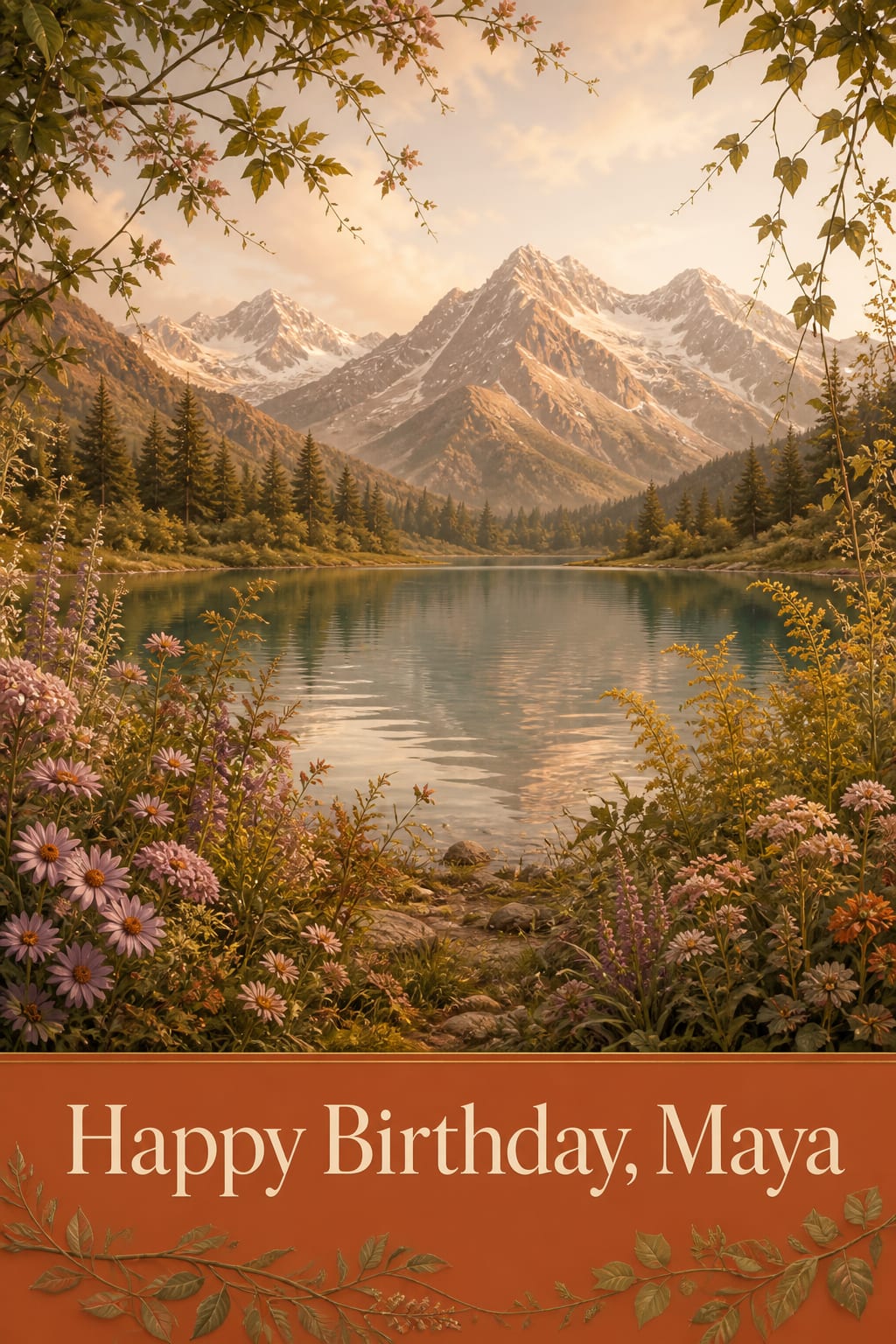 Beautiful AI birthday card of a mountain lake at sunrise ringed by snowy peaks and pink and purple wildflowers, under the words Happy Birthday Maya