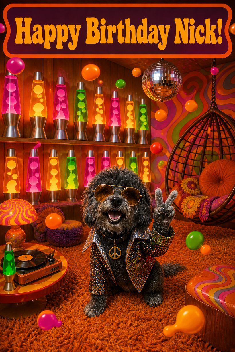 Birthday card of a shaggy black dog in gold sunglasses flashing a peace sign in a 1970s room of lava lamps