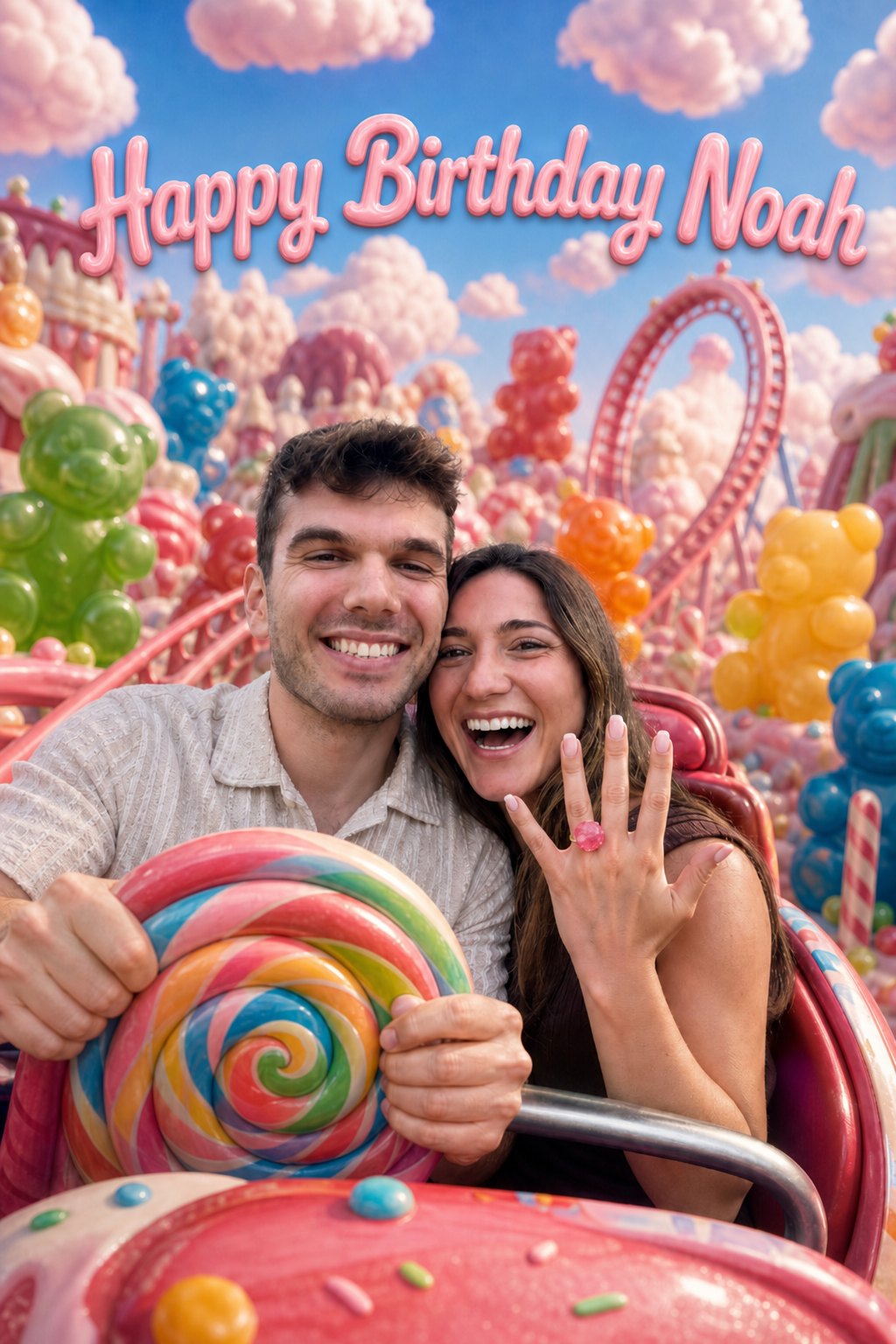 AI birthday card made from a photo, a real couple in a candyland scene wishing Happy Birthday Noah
