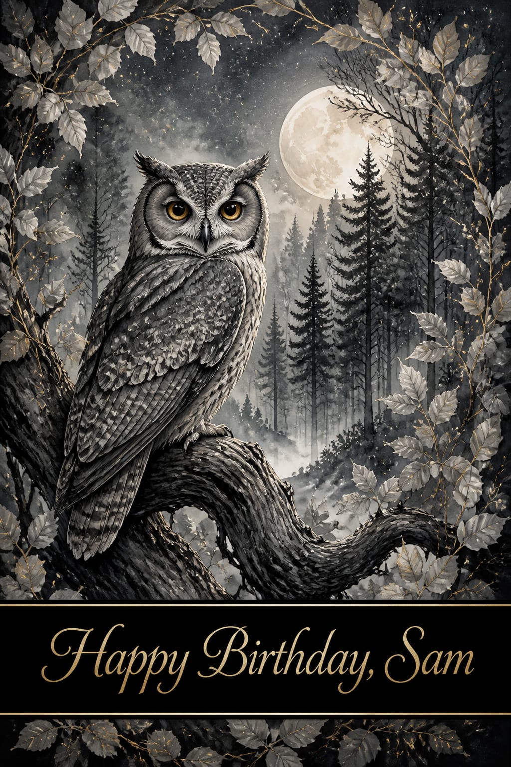 Black and gold ink birthday card of an owl on a branch under a full moon, Happy Birthday Sam