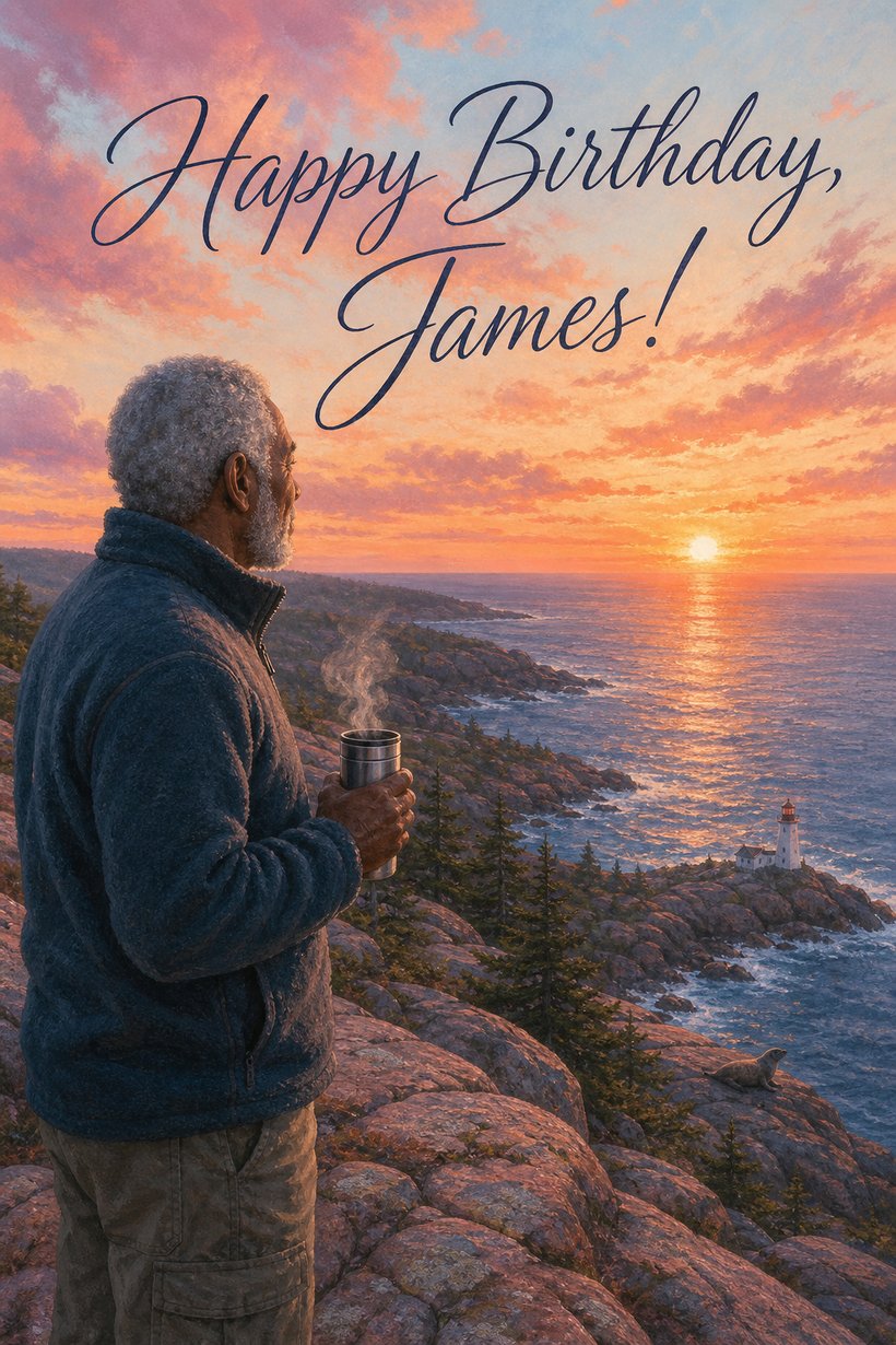 Birthday card of a man with a coffee watching sunrise over the Atlantic from Acadia's cliffs