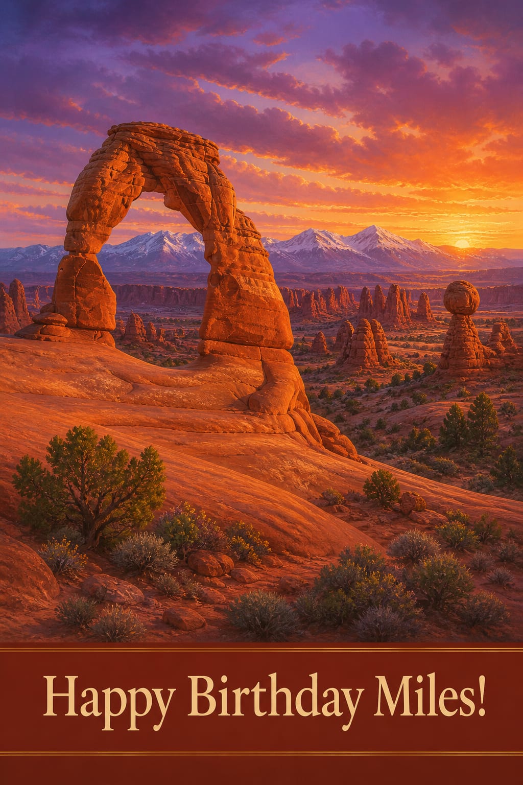 Birthday card of Arches National Park near Moab, Delicate Arch glowing red at sunset, fine-art AI landscape