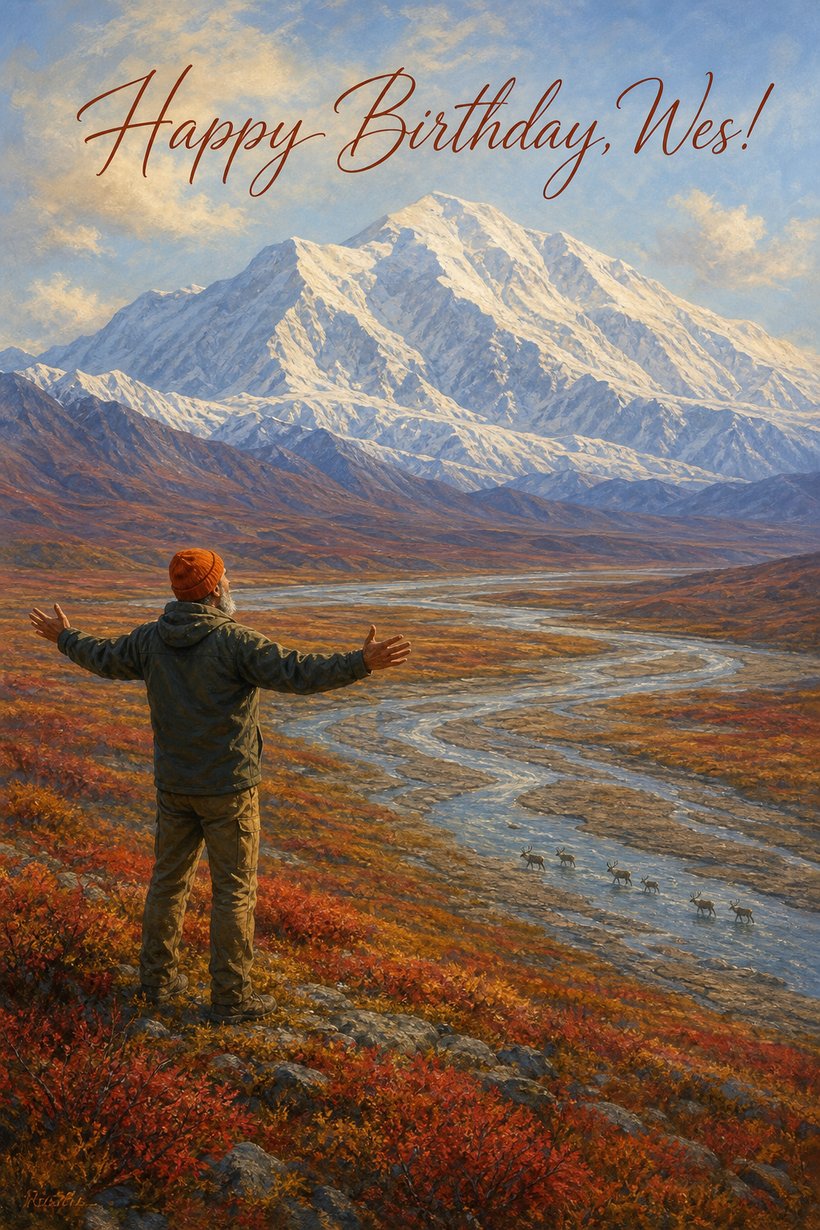 National park birthday card of Denali, a man on red autumn tundra facing the peak as caribou cross the river