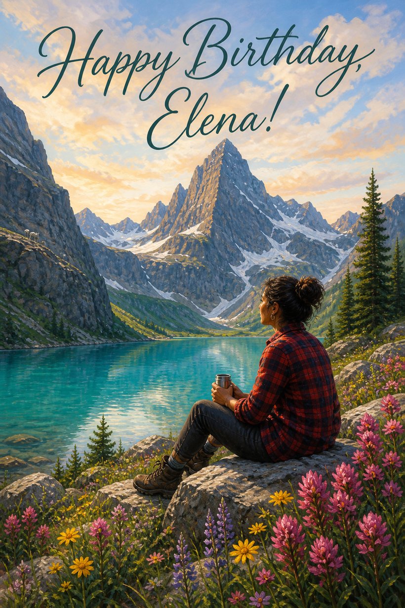 Birthday card of a woman with a thermos on a rock above a turquoise glacier lake and wildflowers