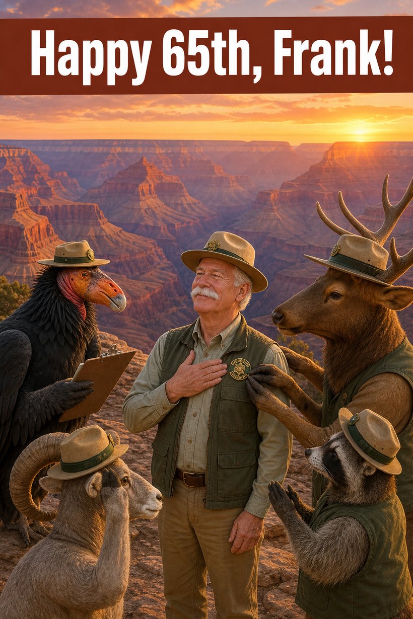 Funny birthday card of a man sworn in as a junior ranger by a condor, elk, bighorn and badger at the Grand Canyon