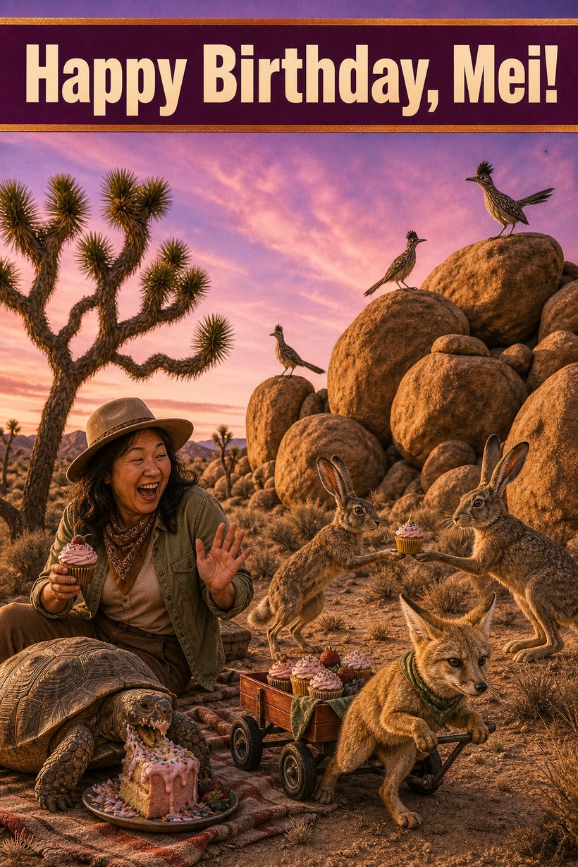 Funny birthday card of a woman with a cupcake as jackrabbits, a fennec fox and a tortoise raid her desert picnic