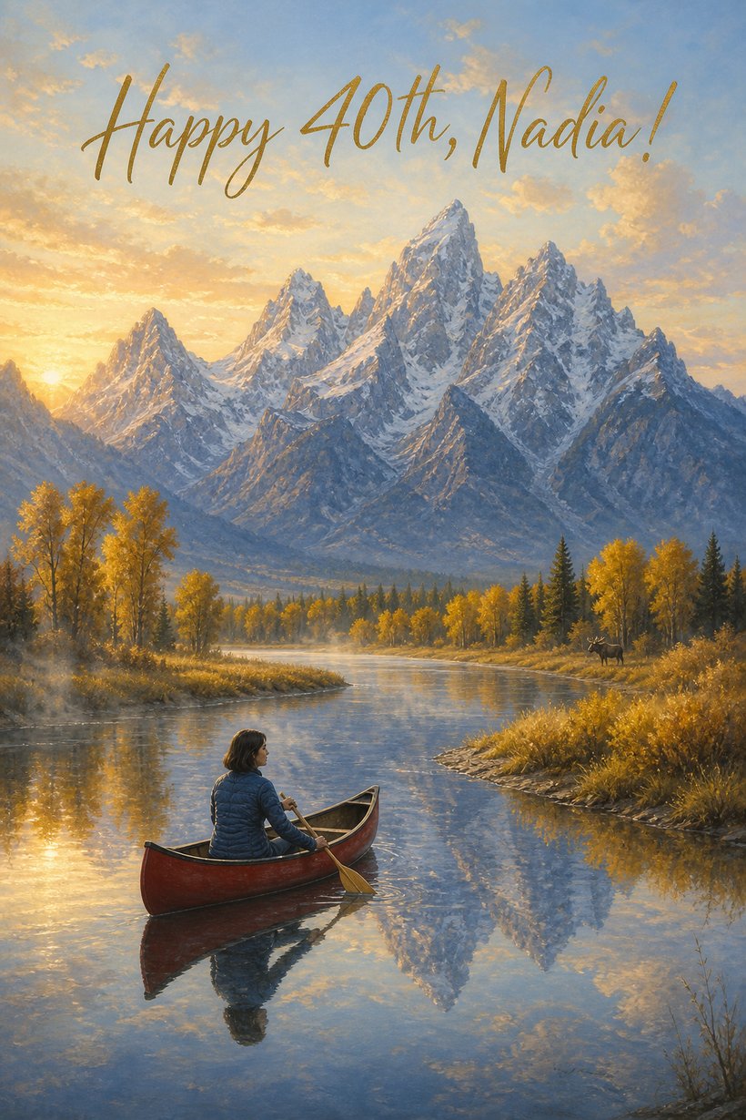 Birthday card of a woman paddling a red canoe on the Snake River below the Tetons at sunrise, Happy 40th Nadia