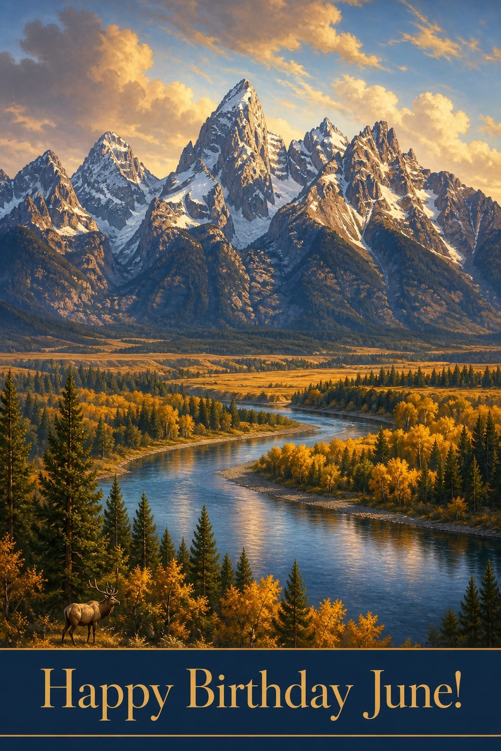 Birthday card of Grand Teton National Park, the peaks above the Snake River bend in golden autumn light, fine-art AI landscape