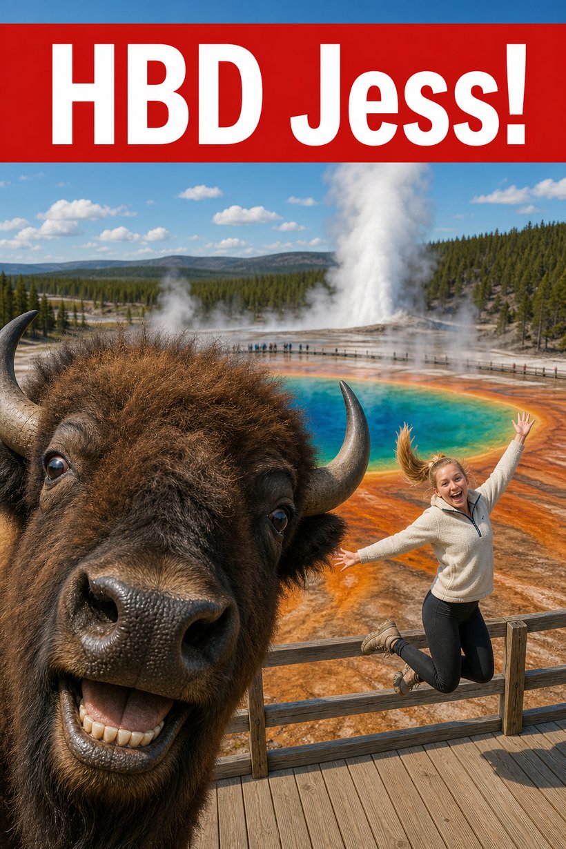 Funny birthday card of a grinning bison photobombing a woman leaping by the Grand Prismatic Spring, HBD Jess