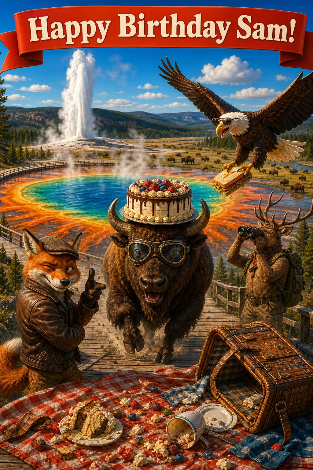 Funny Yellowstone birthday card, a bison photobombing the Grand Prismatic Spring view, made by AI
