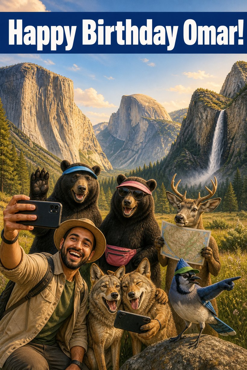 Funny birthday card of a man taking a selfie with bears in visors, coyotes and a blue jay in Yosemite Valley