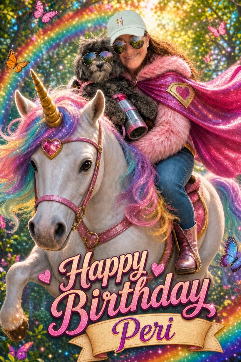 A photo reimagined into an AI birthday card scene