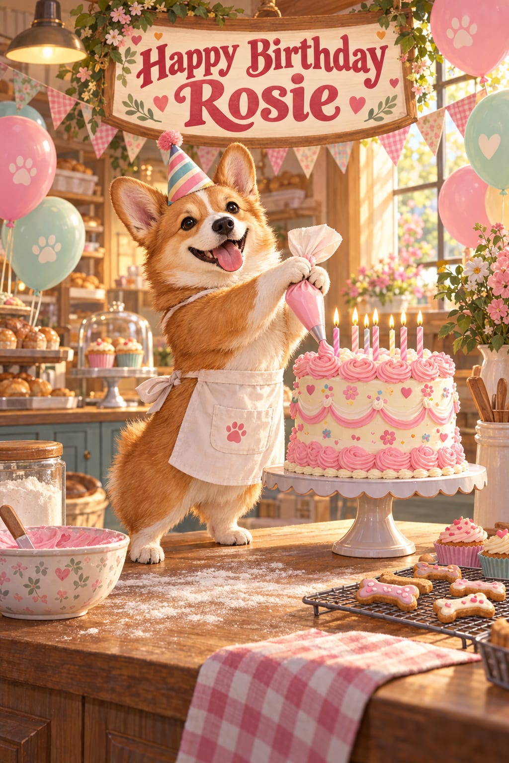 Pet birthday card of a corgi in a party hat and baker's apron frosting a tall birthday cake in a sunlit bakery, reading Happy Birthday Rosie