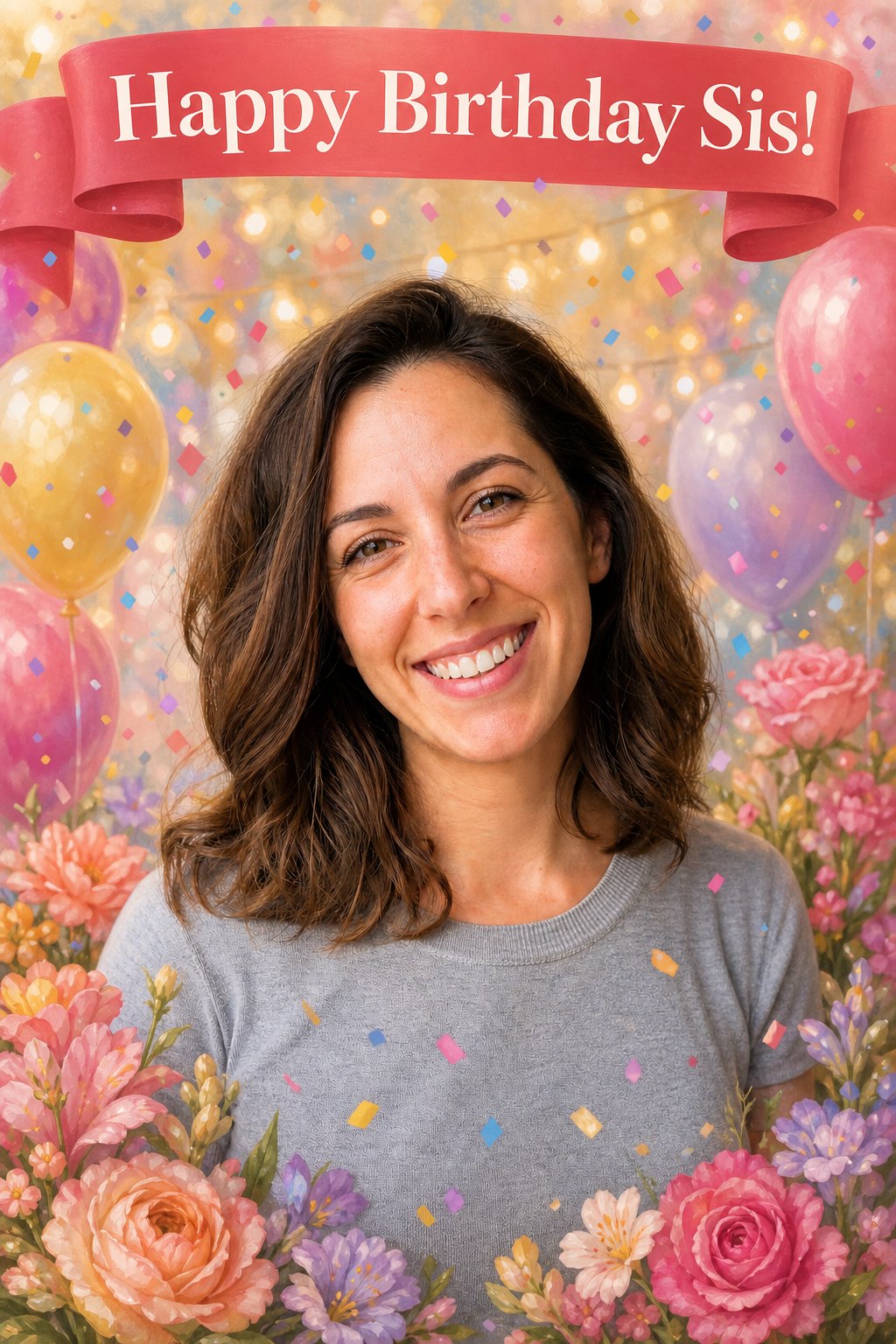 Birthday card made from a photo, a smiling woman with painted balloons, flowers, and confetti, Happy Birthday Sis