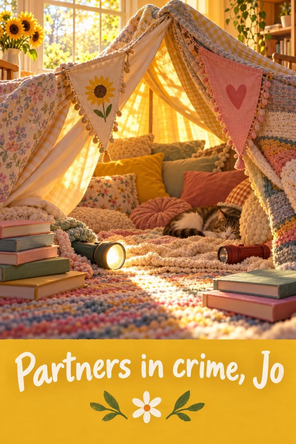 Birthday card of a blanket fort with two flags, two flashlights, a stack of books and a sleeping cat on a sunflower-yellow afternoon, reading Partners in crime, Jo
