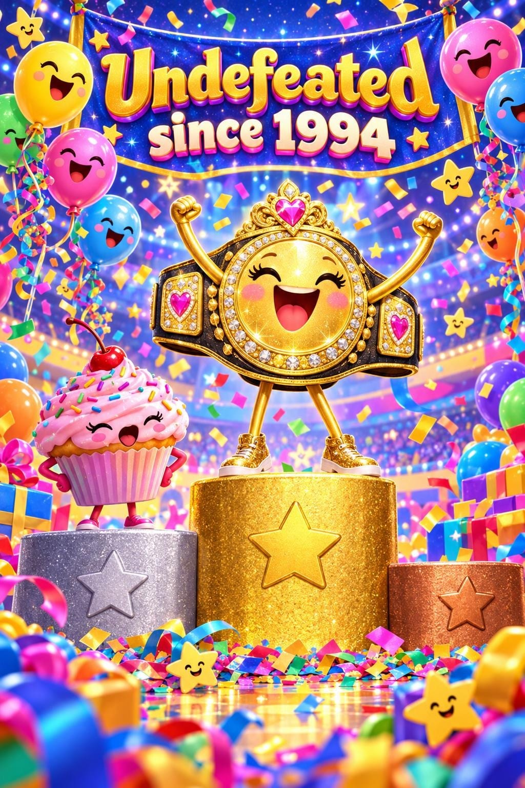 Funny birthday card of a personified gold championship belt with its arms raised on the top step of a podium, a cupcake on step two, balloons and confetti everywhere, reading Undefeated since 1994