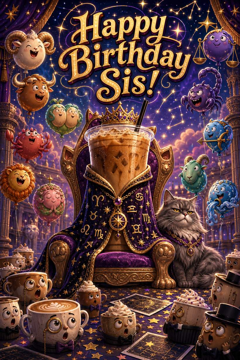 Birthday card of a giant iced coffee crowned on a zodiac throne with star-sign balloons and a grumpy cat, for a sister