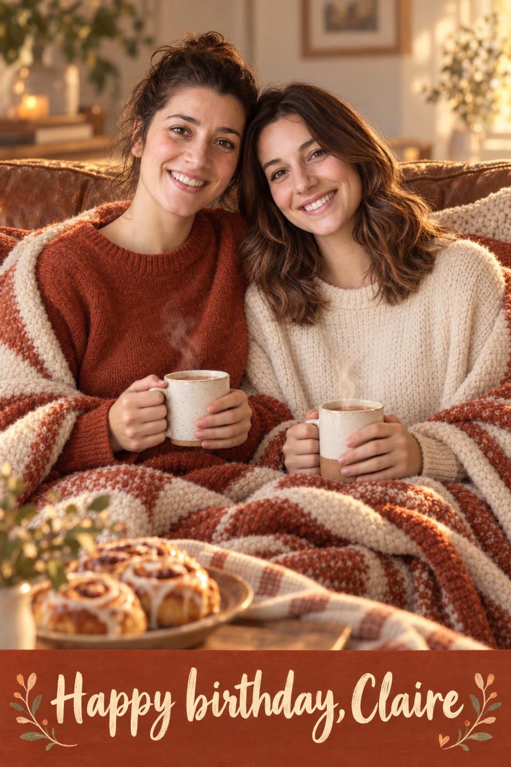 Birthday card of two sisters under one knit blanket on a couch with two mugs and a plate of cinnamon rolls, in cream and rust, reading Happy birthday, Claire