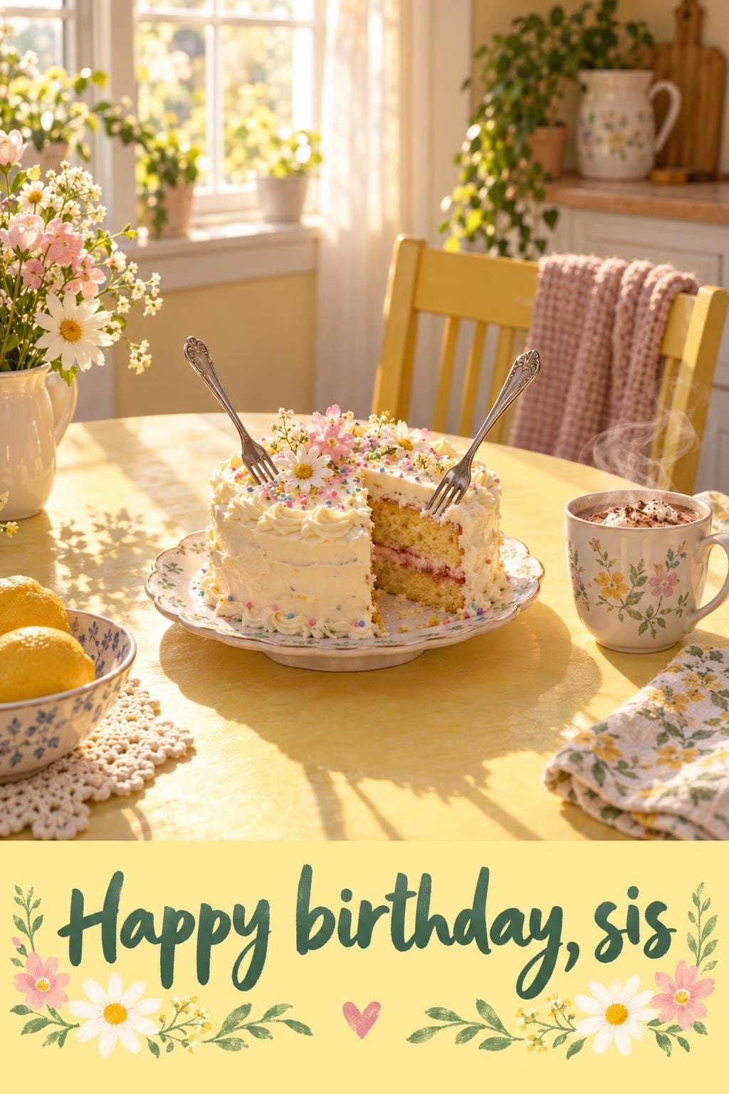 Birthday card of one birthday cake with two forks in it on a butter-yellow kitchen table with a mug, lemons and flowers in morning light, reading Happy birthday, sis