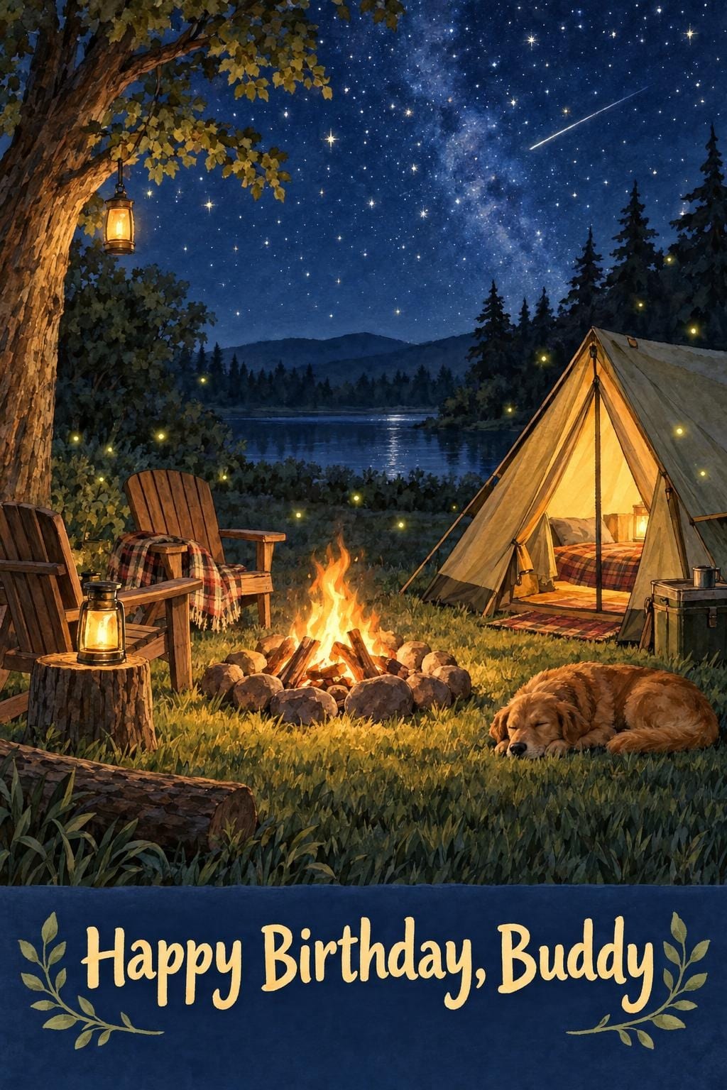 Birthday card of a lit tent, a campfire and two wooden chairs by a lake under a starry sky, reading Happy Birthday, Buddy