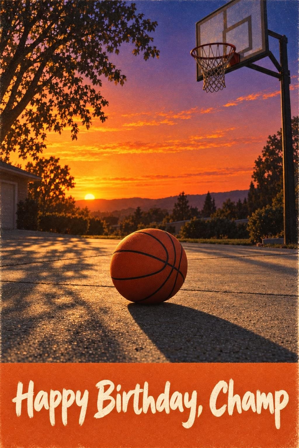 Birthday card of a basketball on a driveway under a hoop at sunset, reading Happy Birthday, Champ