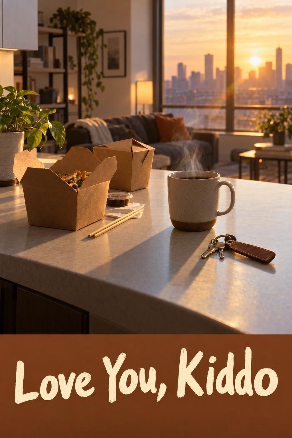 Birthday card of takeout boxes, a coffee mug and a set of keys on a kitchen counter at sunrise, reading Love You, Kiddo