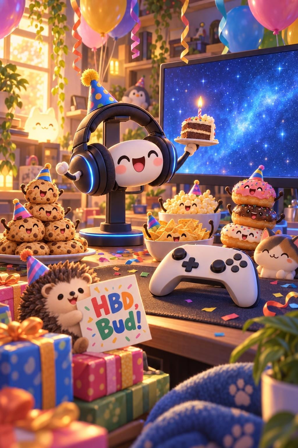 Funny birthday card of smiling cookies, donuts and a headset having a party at a gaming desk, reading HBD, Bud!