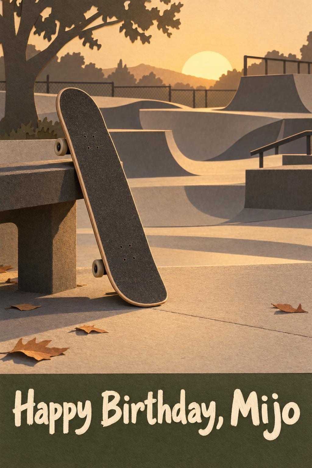 Paper-cut birthday card of a plain skateboard against a bench at an empty skate park at sunset, reading Happy Birthday, Mijo