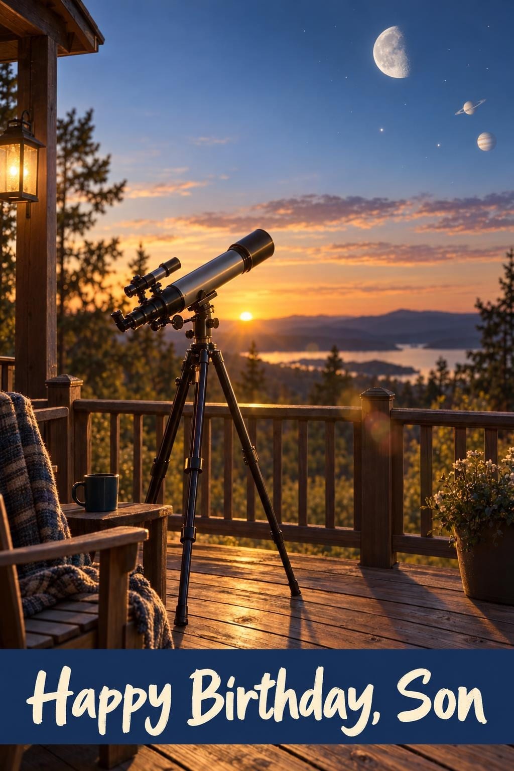 Birthday card of a telescope on a wooden porch at sunset with the moon and planets in the sky, reading Happy Birthday, Son