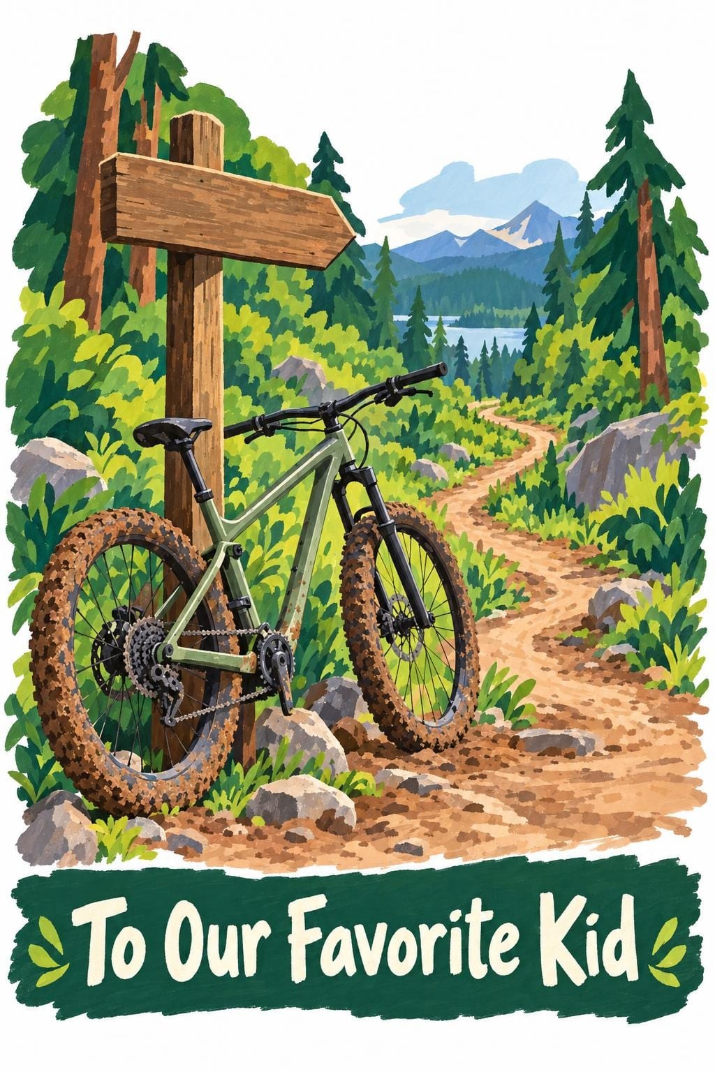 Birthday card of a muddy mountain bike leaning on a blank trail sign above a forest trail, reading To Our Favorite Kid