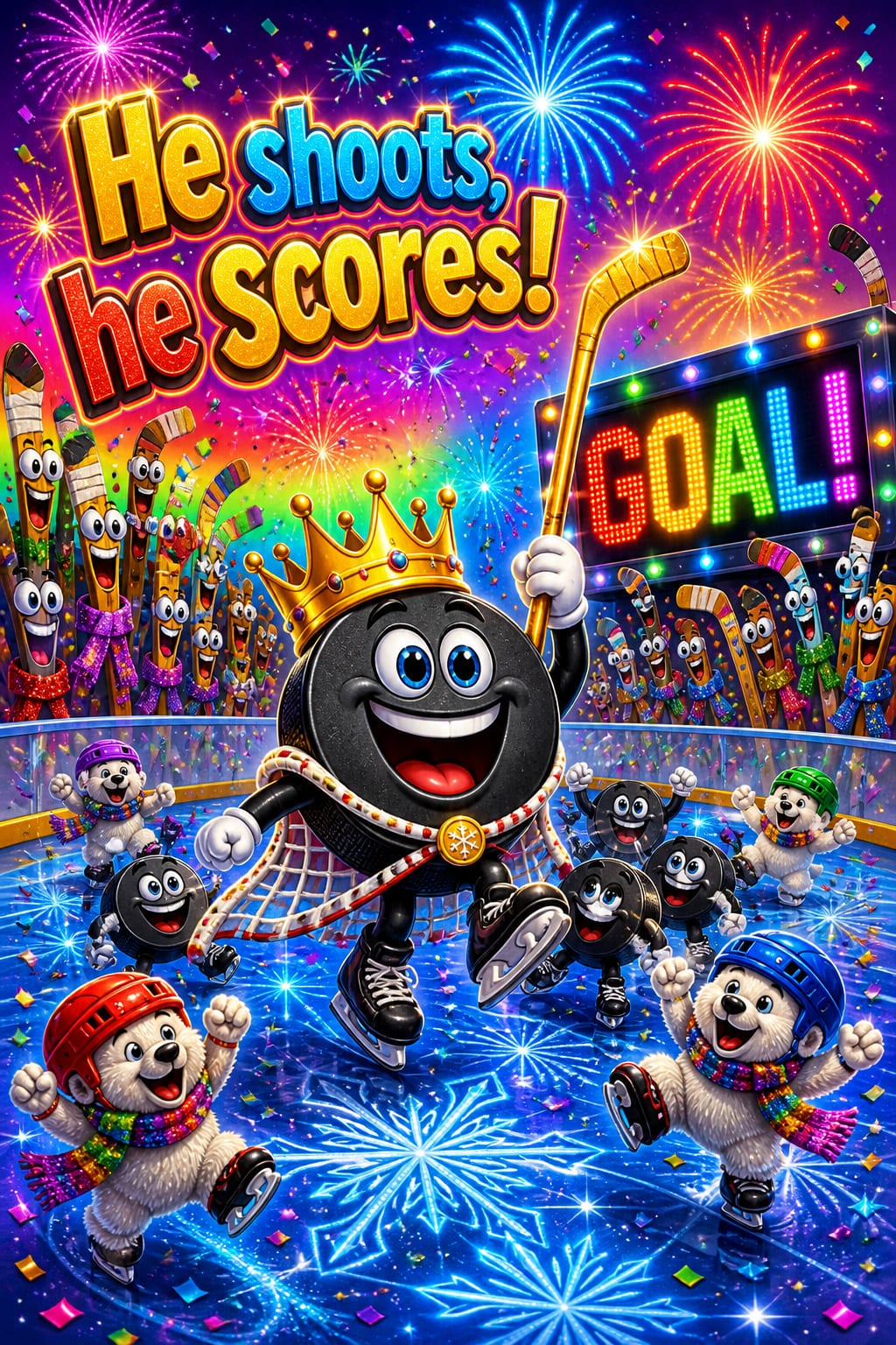 Funny hockey birthday card of a crowned cartoon puck skating with a gold stick past a GOAL scoreboard, fireworks and a hockey-stick crowd, under He shoots, he scores