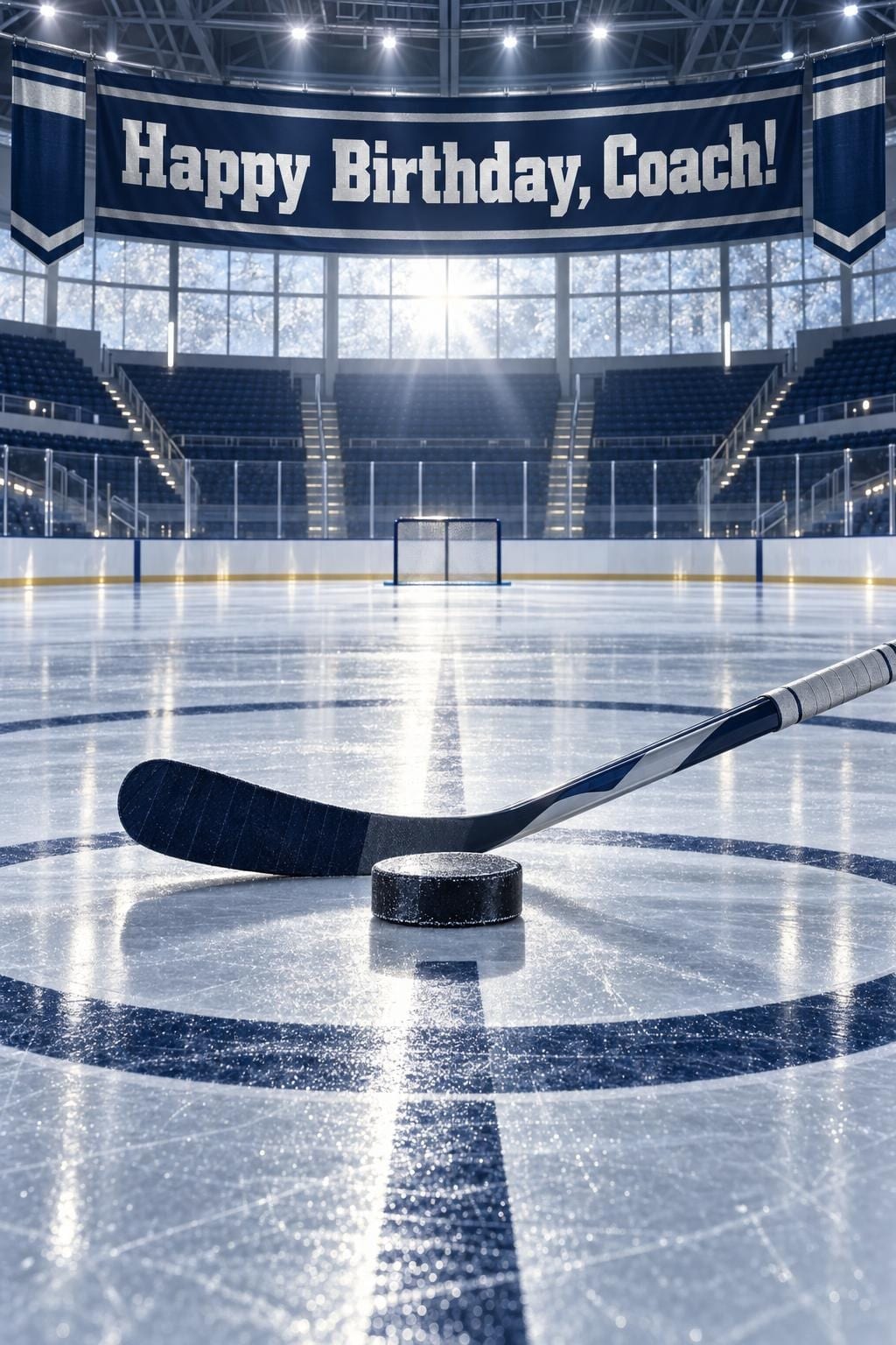 Hockey birthday card of a navy and silver stick and a puck at center ice in an empty arena, morning light through the windows, reading Happy Birthday, Coach!