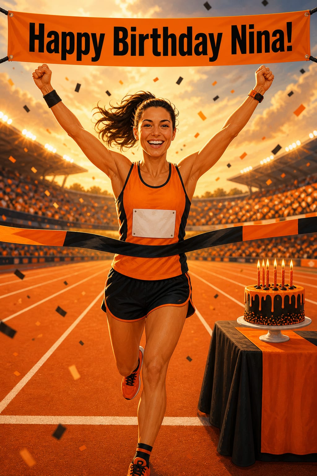 Running birthday card of an AI-invented runner in orange and black breaking the finish tape, reading Happy Birthday Nina