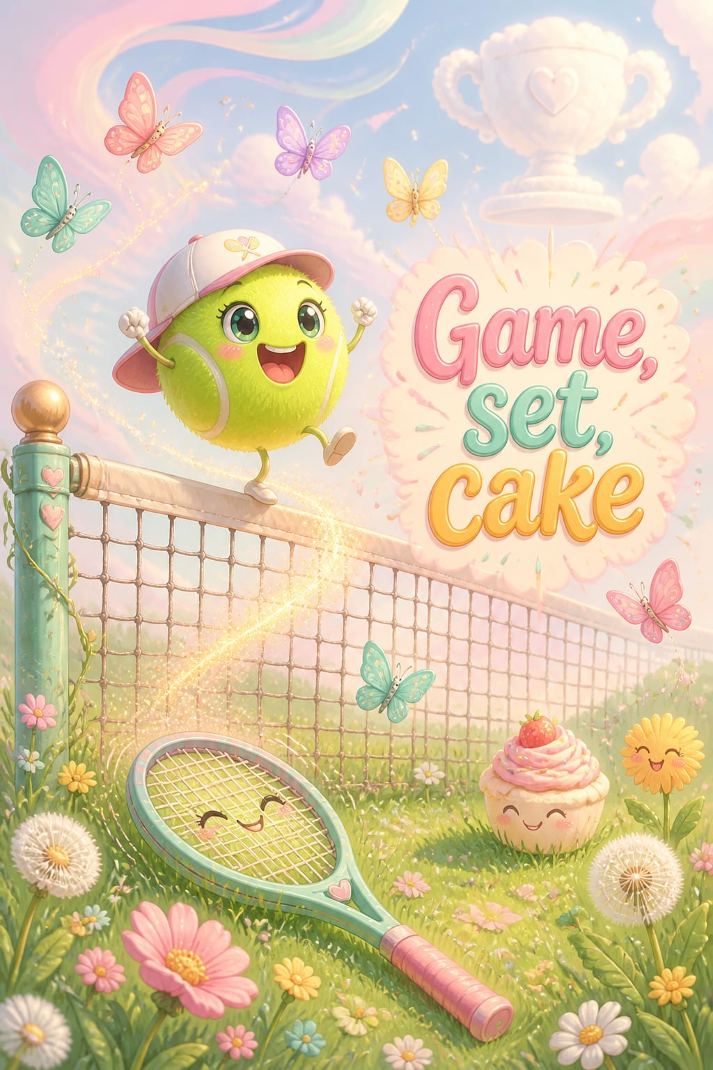 Funny tennis birthday card of a smiling tennis ball in a cap on the net cord beside a winking racket and a strawberry cupcake, under Game, set, cake