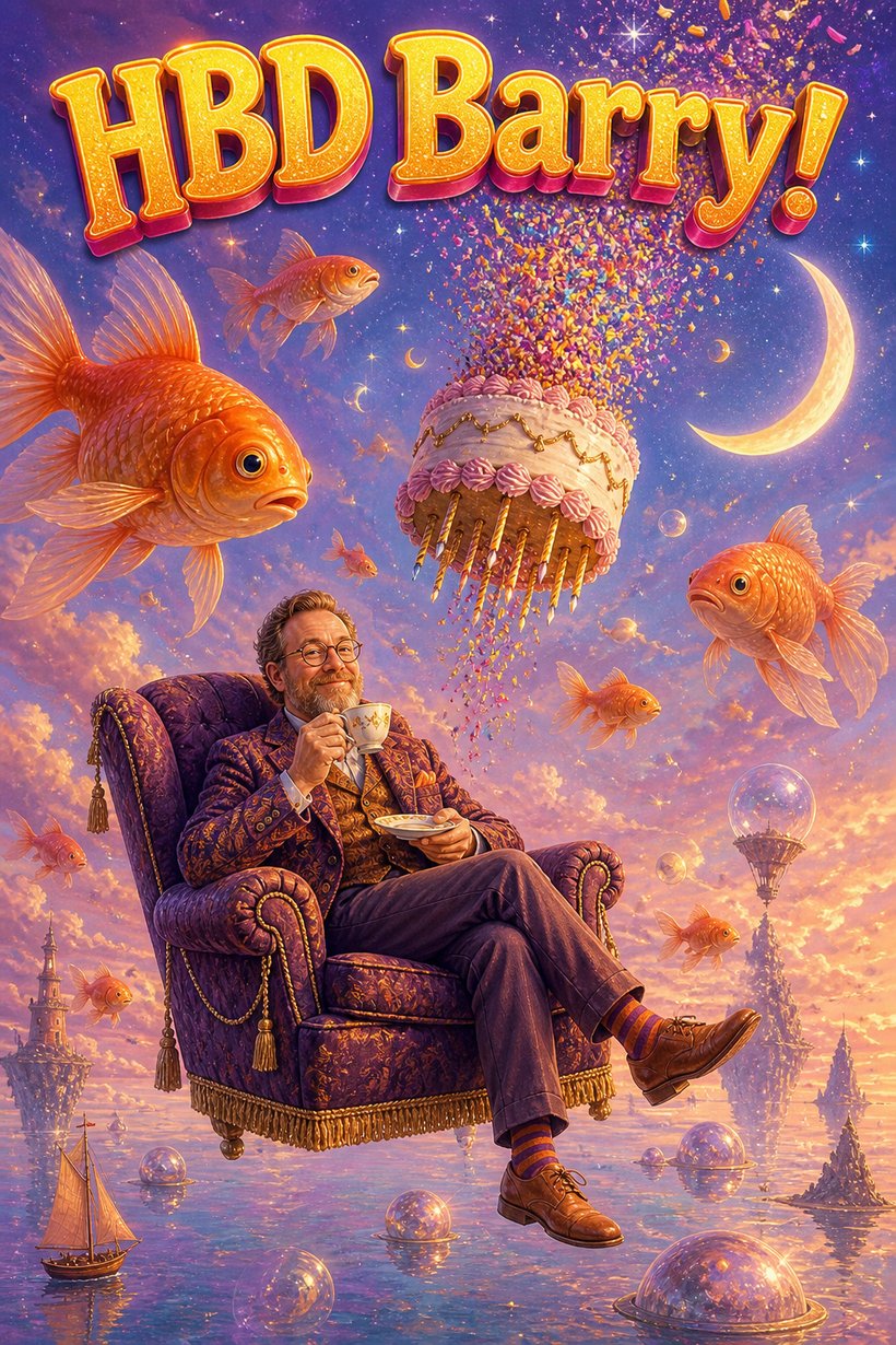 Birthday card of a man drinking tea in a floating armchair among giant goldfish and an upside down cake