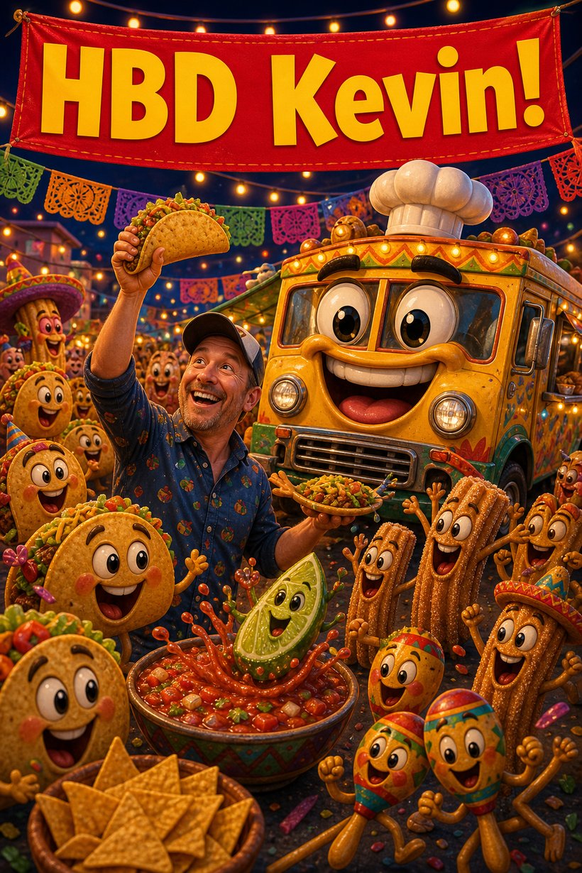 Funny birthday card of a smiling taco truck in a chef hat with dancing tacos and churros at a street fair
